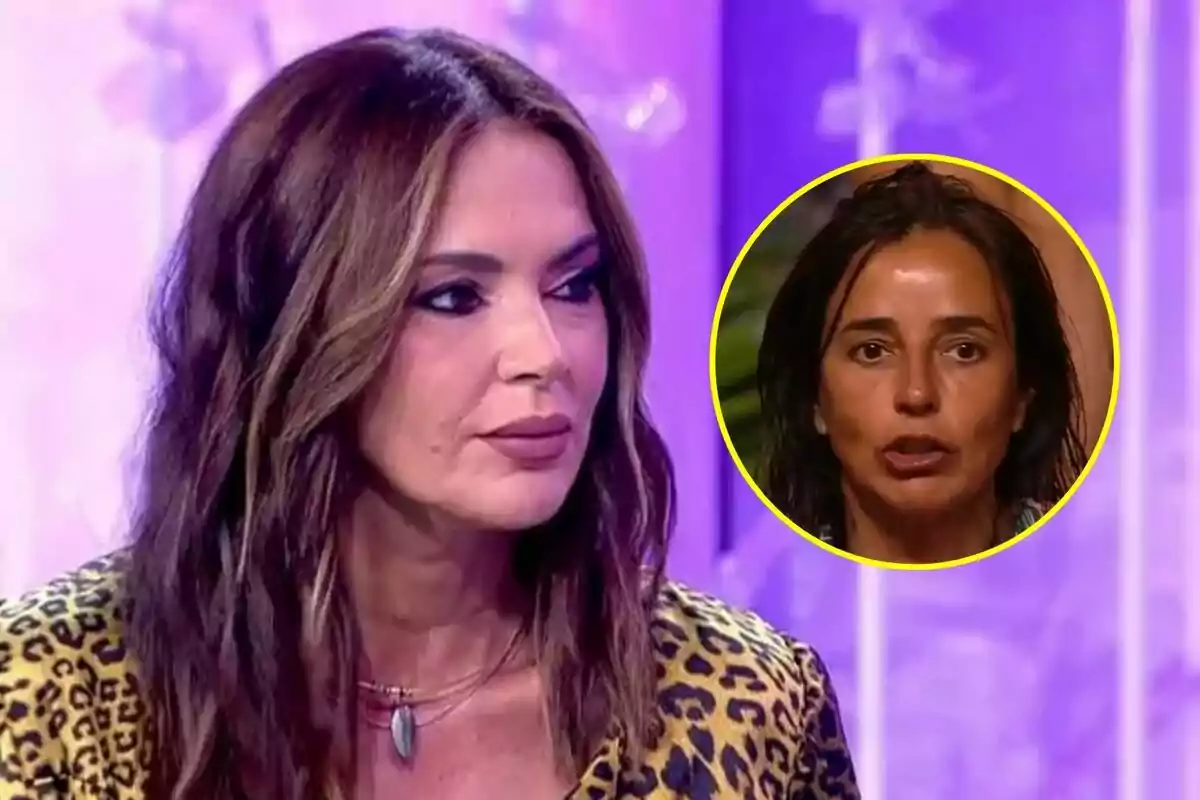 Olga Moreno con cabello castaño y maquillaje en De Viernes, con un recuadro que muestra a Carmen Alcayde de cabello oscuro y expresión seria en Supervivientes.
