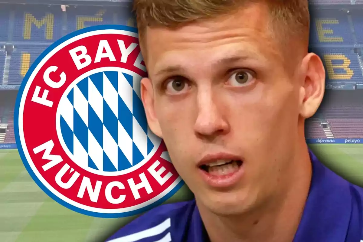 Un hombre con expresión sorprendida frente al logo del FC Bayern München y un estadio de fondo.