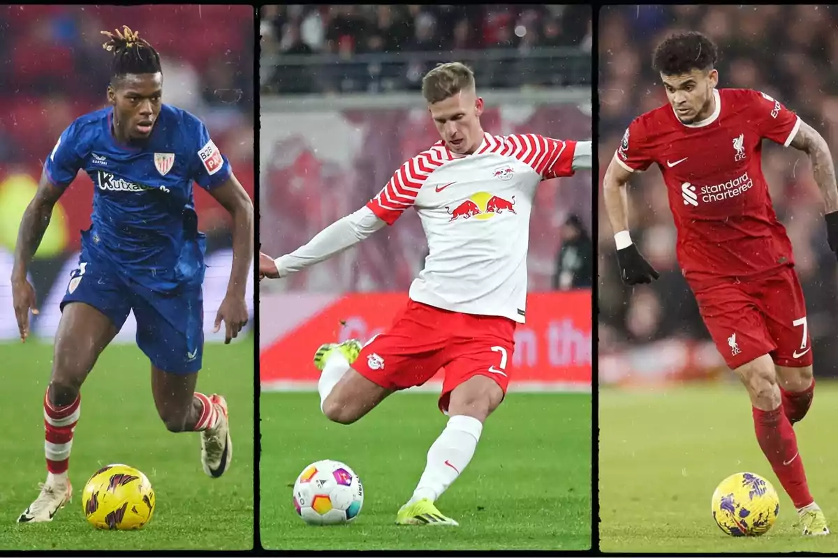 Jugadores de fútbol en acción con los uniformes de Athletic Club, RB Leipzig y Liverpool. Jugadores de fútbol en acción con los uniformes de Athletic Club, RB Leipzig y Liverpool.