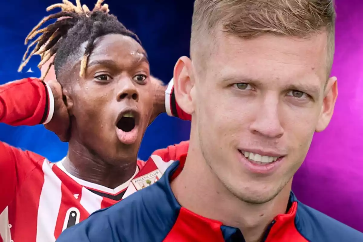 Dani Olmo con una media sonrisa al lado de Nico Williams con las manos en la cabeza