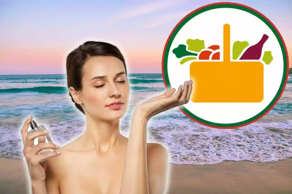 Mujer con los ojos cerrados sosteniendo un frasco de perfume frente a una playa al atardecer con un logotipo de una canasta de alimentos.