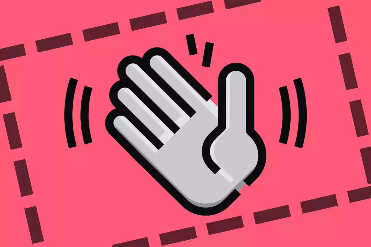 Imagen roja con el emoji de una mano saludando o despidiéndose en blanco y negro