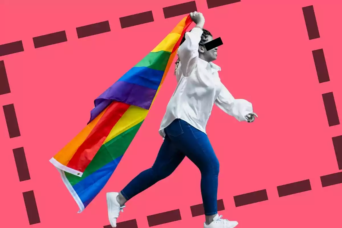 Persona con los ojos cubiertos sosteniendo una bandera del orgullo LGBT sobre un fondo rosa con un marco de líneas discontinuas.