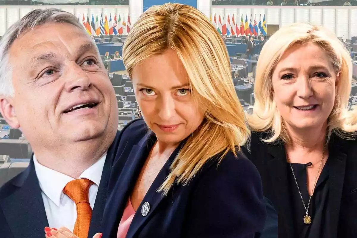 Montaje con un primer plano medio de Viktor Orban, Girogia Meloni y Marine Le Pen
