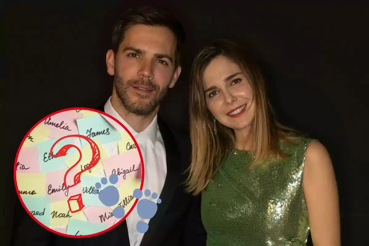 Marc Clotet y Natalia Sanchez, circulo rojo con nombres de niño y un interrogante, icono de huella de bebé