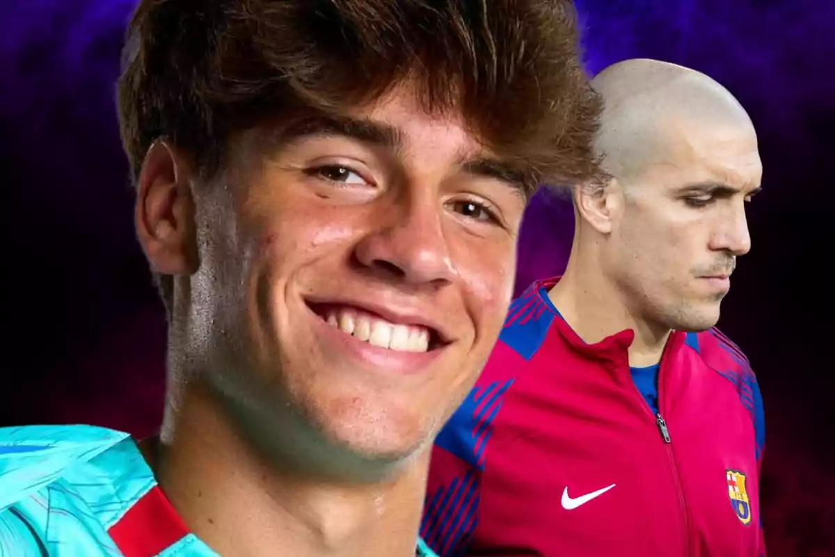 Dos jugadores de fútbol, uno sonriente en primer plano y otro con expresión seria en segundo plano, ambos con uniformes deportivos.
