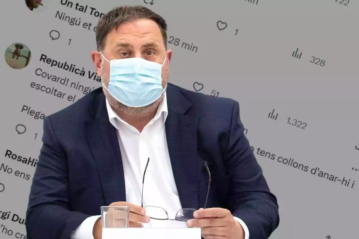 Imagen de Oriol Junqueras con mascarilla sanitaria y con una captura de pantalla de fondo con los insultos recibidos a través de esta red social