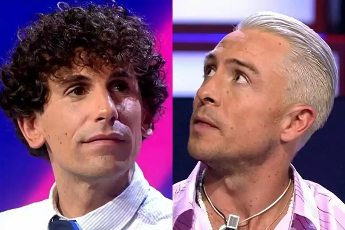 Óscar Landa y Juan mirando en direcciones opuestas, uno con cabello rizado oscuro y el otro con cabello rubio peinado hacia atrás en Gran Hermano.