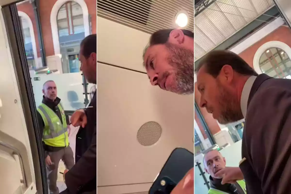 Secuencia de capturas de pantalla del vídeo del diputado socialista Óscar Puente durante un altercado en un tren