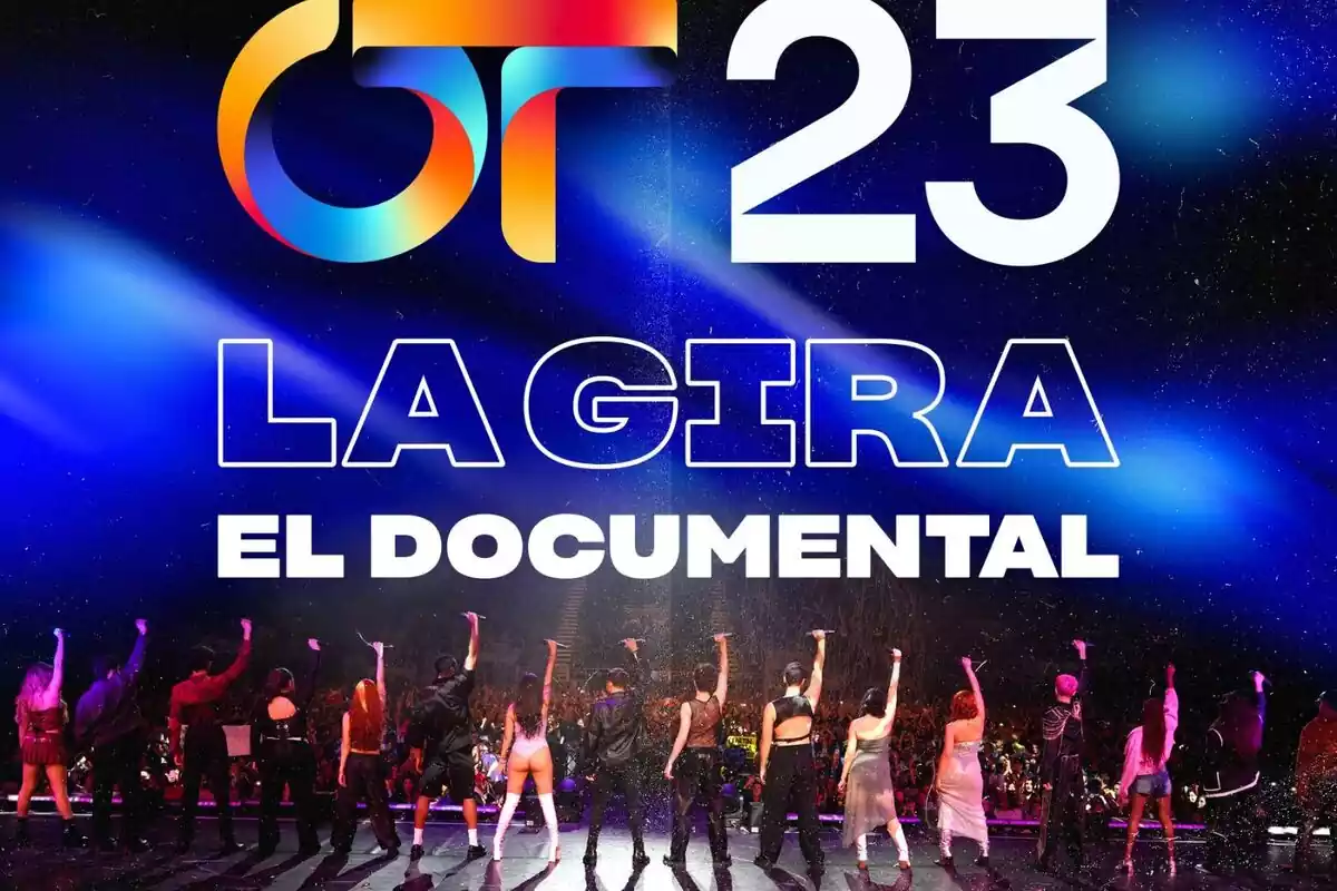 Cartel del documental de la gira de OT 2023 con los concursantes: Denna, Paul Thin, Omar, Bea, Juanjo Bona, Salma, Martin Urrutia, Lucas, Naiara, Álvaro Mayo, Cris, Ruslana, Suzete, Chiara, Álex Márquez y Violeta