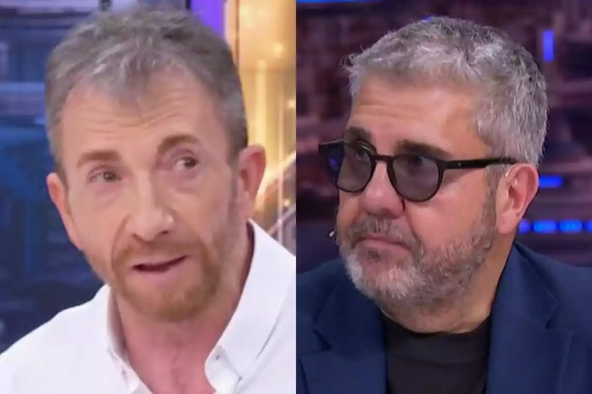 Pablo Motos y Florentino Fernández con barba y cabello canoso están en El Hormiguero, uno lleva gafas oscuras y el otro viste una camisa blanca.