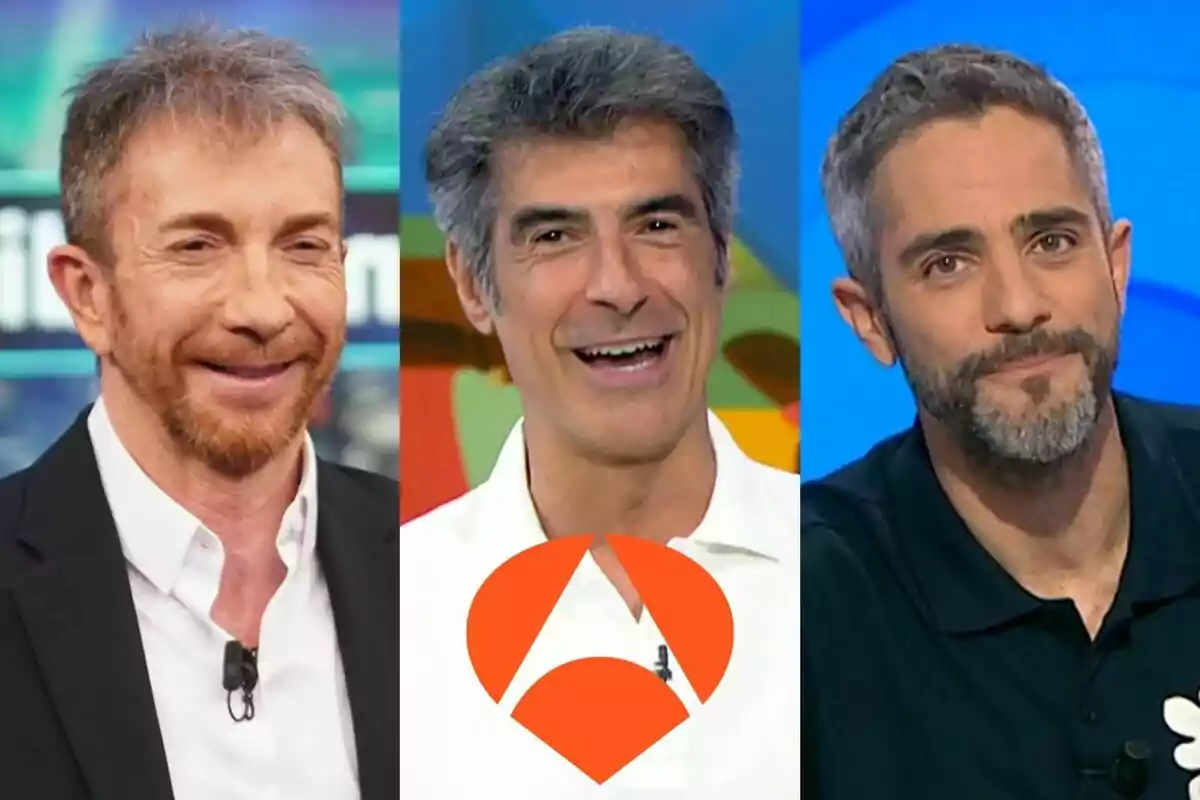 Pablo Motos, Jorge Fernández y Roberto Leal sonrientes en primer plano con el logo de Antena 3 en el centro sobre un fondo colorido