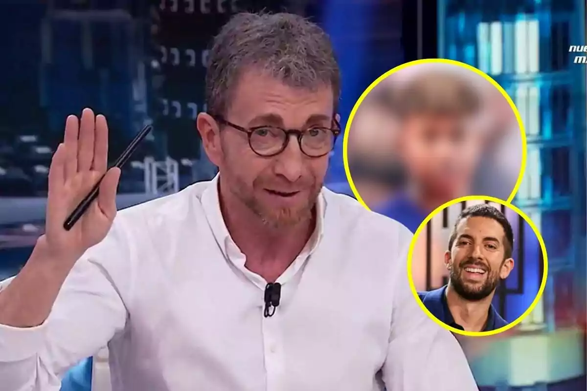 Pablo Motos con gafas y camisa blanca sosteniendo un bolígrafo en El Hormiguero, con una imagen borrosa de Lamine Yamal y otra de David Broncano en La Revuelta en círculos amarillos a su derecha.