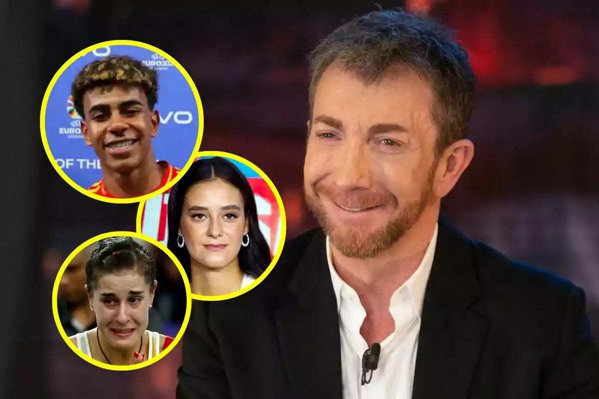 Pablo Motos sonriente con barba y traje oscuro en El Hormiguero aparece en primer plano, mientras que en la esquina superior izquierda hay tres imágenes circulares con Lamine Yamal, Carolina Marin y Vicoria Federica, todas con bordes amarillos.