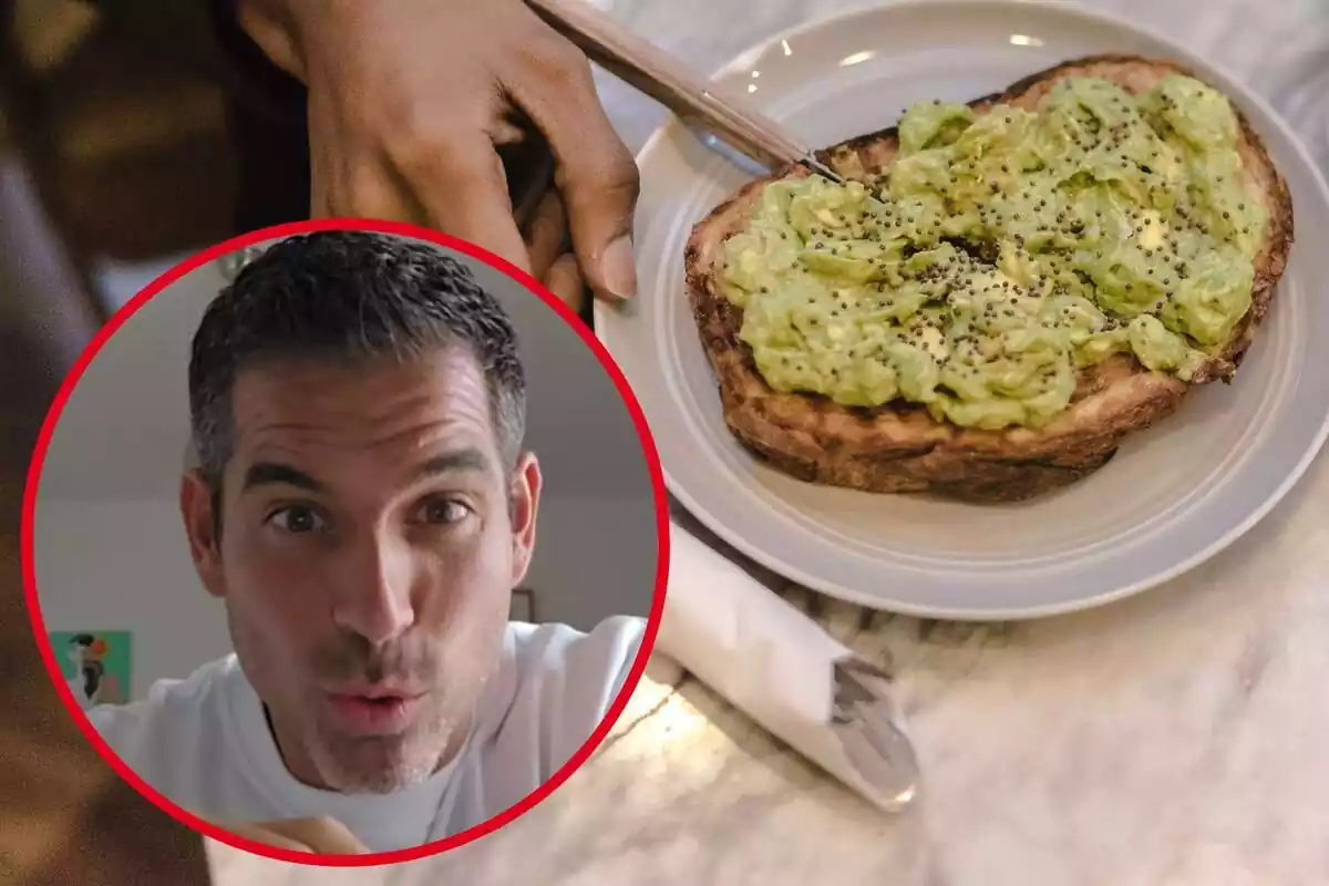 Imagen de fondo de una persona comiendo una tostada con aguacate y huevo y otra imagen del nutricionista Pablo Ojeda