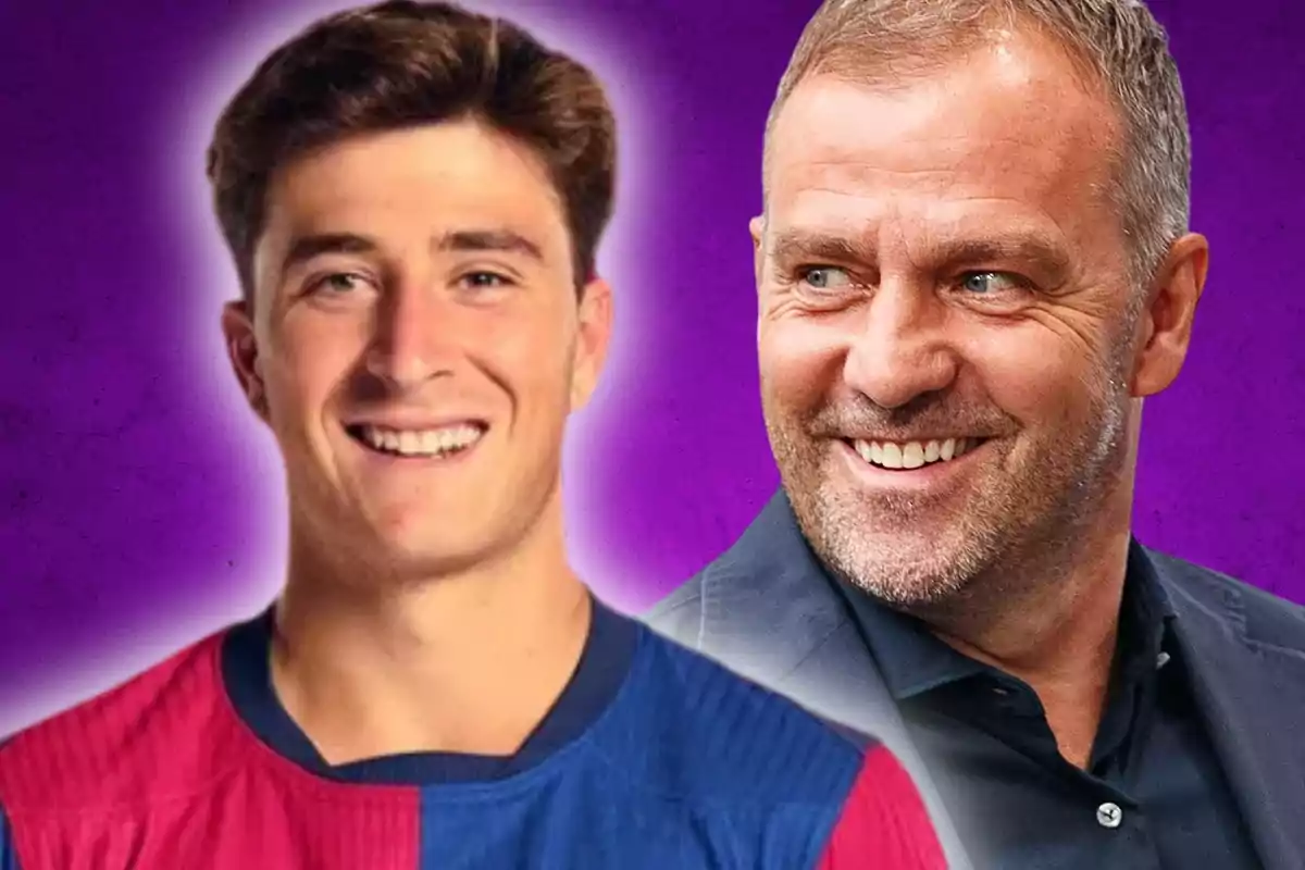 Dos hombres sonrientes con fondo morado.