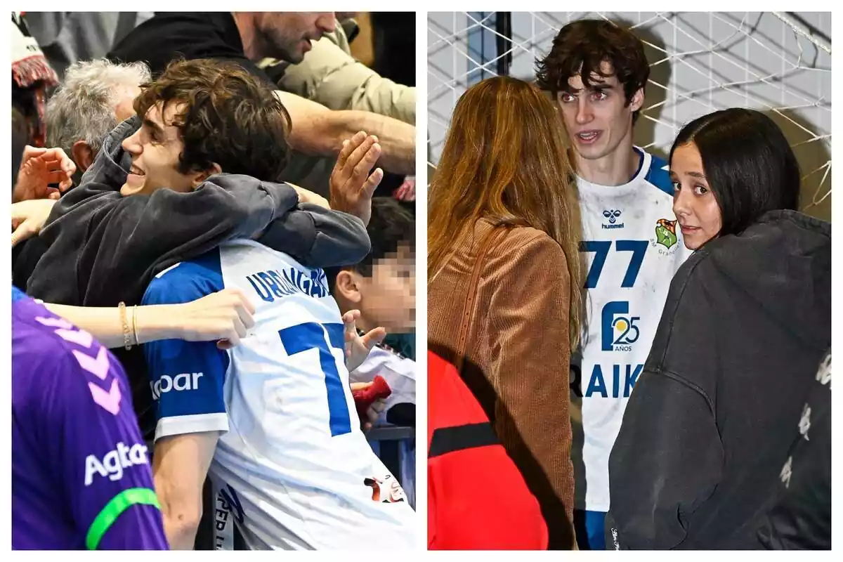 Montaje de dos fotos de Pablo Urdangarin y Victoria Federica durante el último partido de él en Segovia, en una aparecen abrazados y en otra hablando