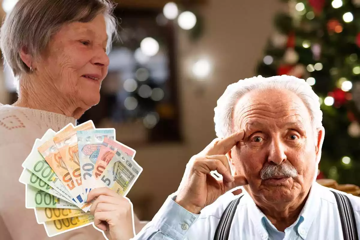 Montaje con una imagen de fondo de una mujer sentada a una mesa con un árbol de Navidad de fondo y otra imagen de un hombre mayor pensativo y otra de billetes de euros