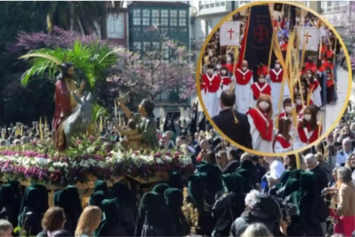Procesión de Domingo de Ramos, y en el círculo, varias palmas