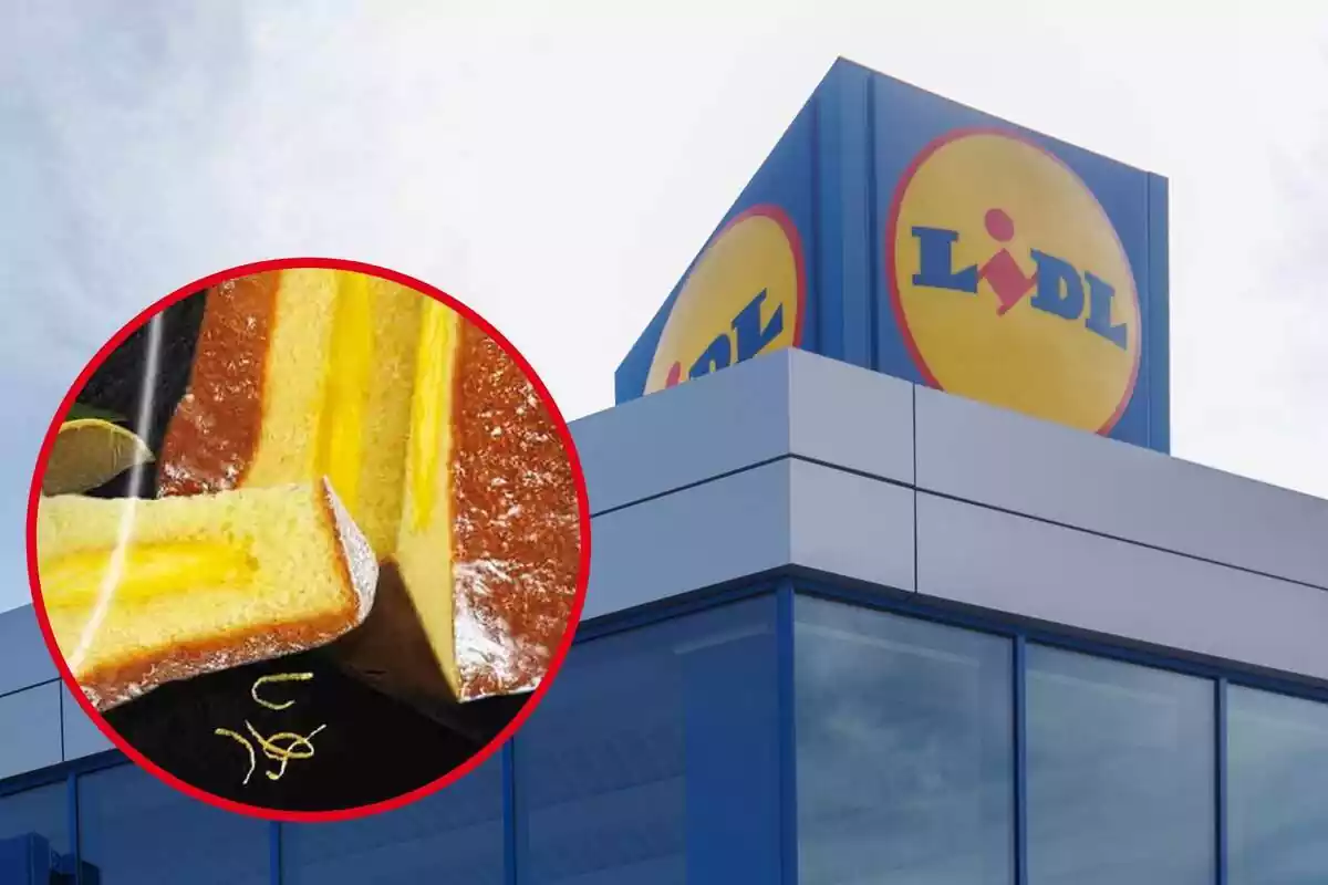 Imagen de fondo de una tienda Lidl y otra de un pandoro al limón de Lidl