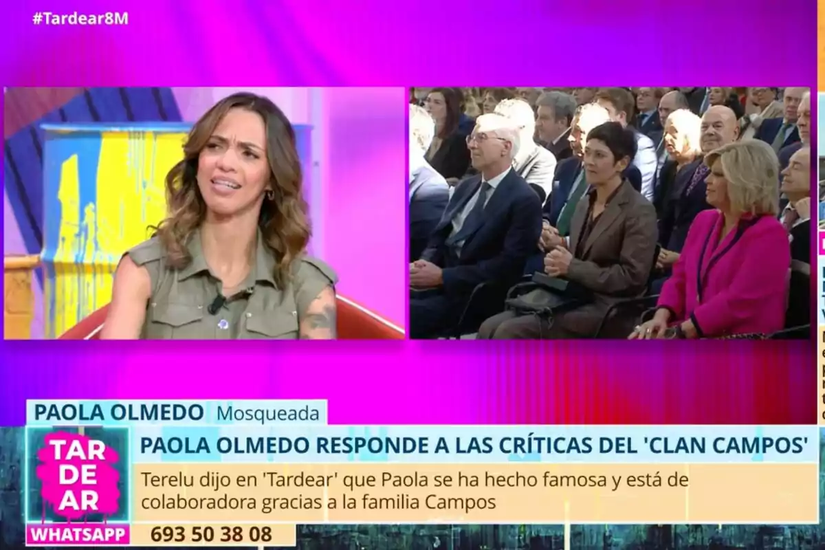 Paola Olmedo en 'Tardear' parece molesta mientras responde a críticas de Terelu Campos, con un grupo de personas sentadas en una audiencia a la derecha. Paola Olmedo en 'Tardear' parece molesta mientras responde a críticas de Terelu Campos, con un grupo de personas sentadas en una audiencia a la derecha.