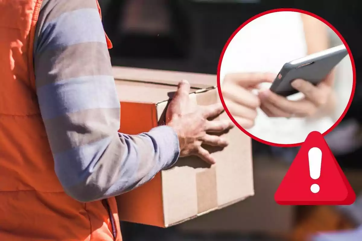Persona sosteniendo una caja de cartón con un círculo que muestra un teléfono móvil y un icono de advertencia. Persona sosteniendo una caja de cartón con un círculo que muestra un teléfono móvil y un icono de advertencia.