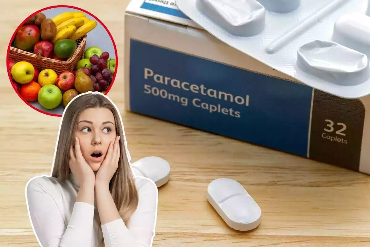 Imagen de fondo de una caja de Paracetamol, junto a otras dos imágenes en primer plano, una de varias frutas amontonadas y otra de una mujer con cara de sorpresa