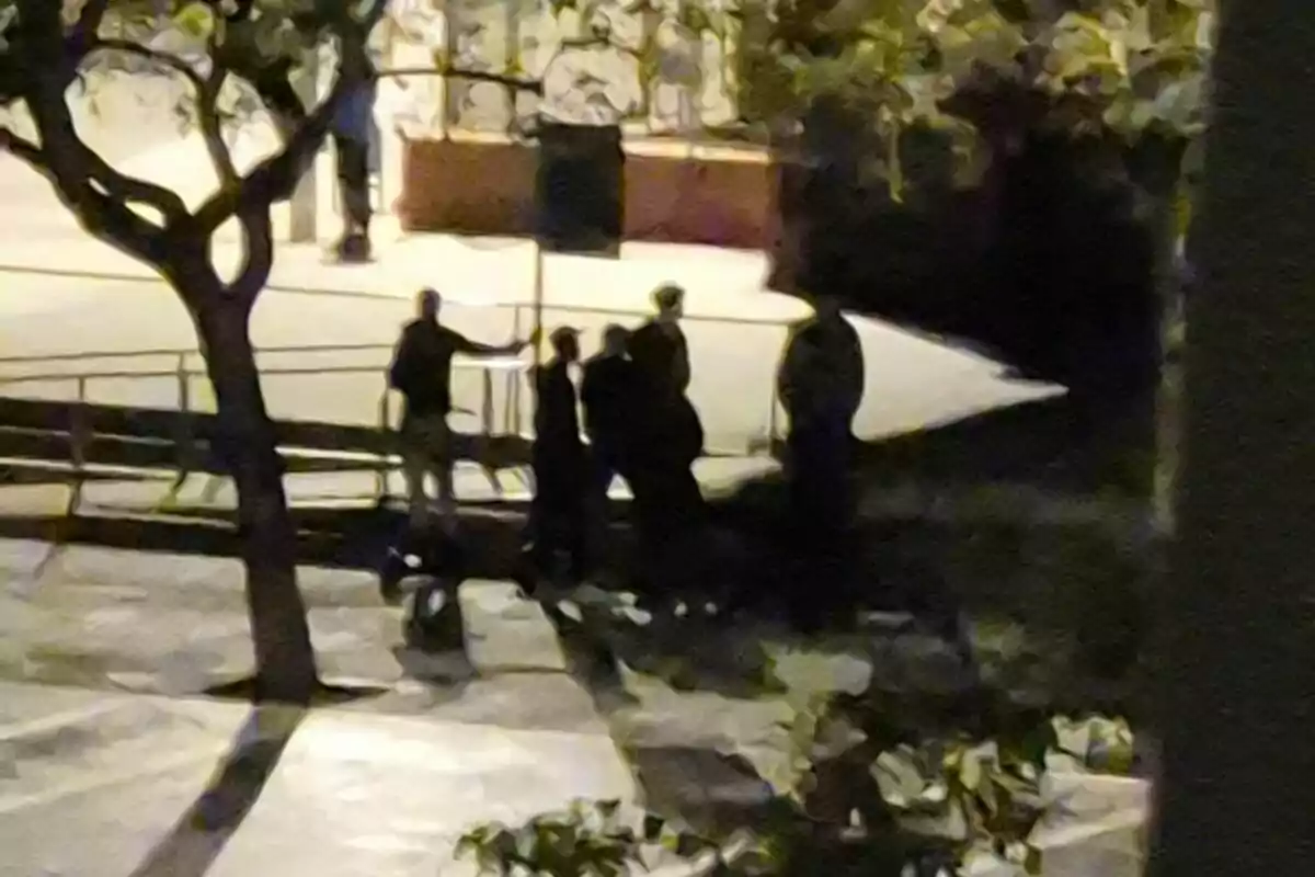 Un grupo de personas está reunido en un área al aire libre durante la noche, con árboles y sombras visibles en el entorno. Un grupo de personas está reunido en un área al aire libre durante la noche, con árboles y sombras visibles en el entorno.