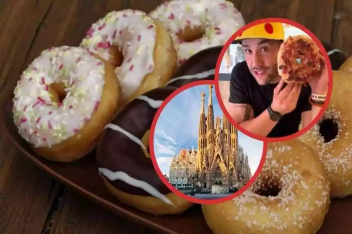 Imagen de fondo de varios donuts, junto a otra de una persona con un donut muy grande en la mano y otra de la Sagrada Familia