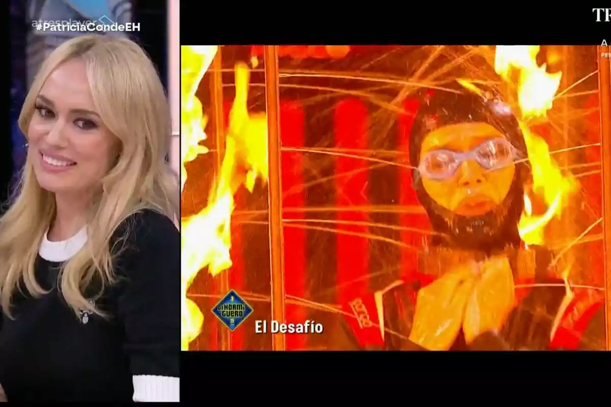 Patricia Conde rubia sonríe en 'El Hormiguero' mientras en otra pantalla aparece ella con gafas de natación y gorro está rodeada de fuego realizando un desafío. Patricia Conde rubia sonríe en 'El Hormiguero' mientras en otra pantalla aparece ella con gafas de natación y gorro está rodeada de fuego realizando un desafío.