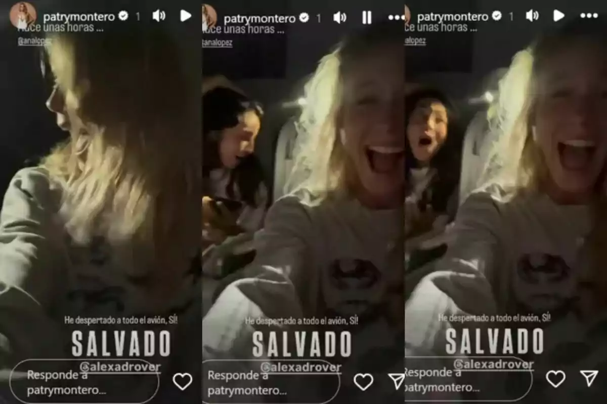 Patricia Montero rubia sonríe ampliamente mientras se toma una selfie en un avión, acompañada de otra persona que parece sorprendida o emocionada en Supervivientes. Patricia Montero rubia sonríe ampliamente mientras se toma una selfie en un avión, acompañada de otra persona que parece sorprendida o emocionada en Supervivientes.