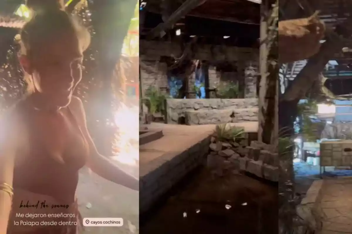 Patry Montero sonriente mostrando el interior de una palapa con paredes de piedra y vegetación en 'Supervivientes'. Patry Montero sonriente mostrando el interior de una palapa con paredes de piedra y vegetación en 'Supervivientes'.