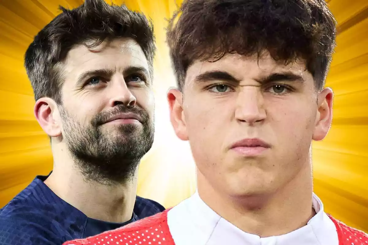 Pau Cubarsí en primer plano con cara de enfado junto a Gerard Piqué al fondo mirando al tendido con una media sonrisa