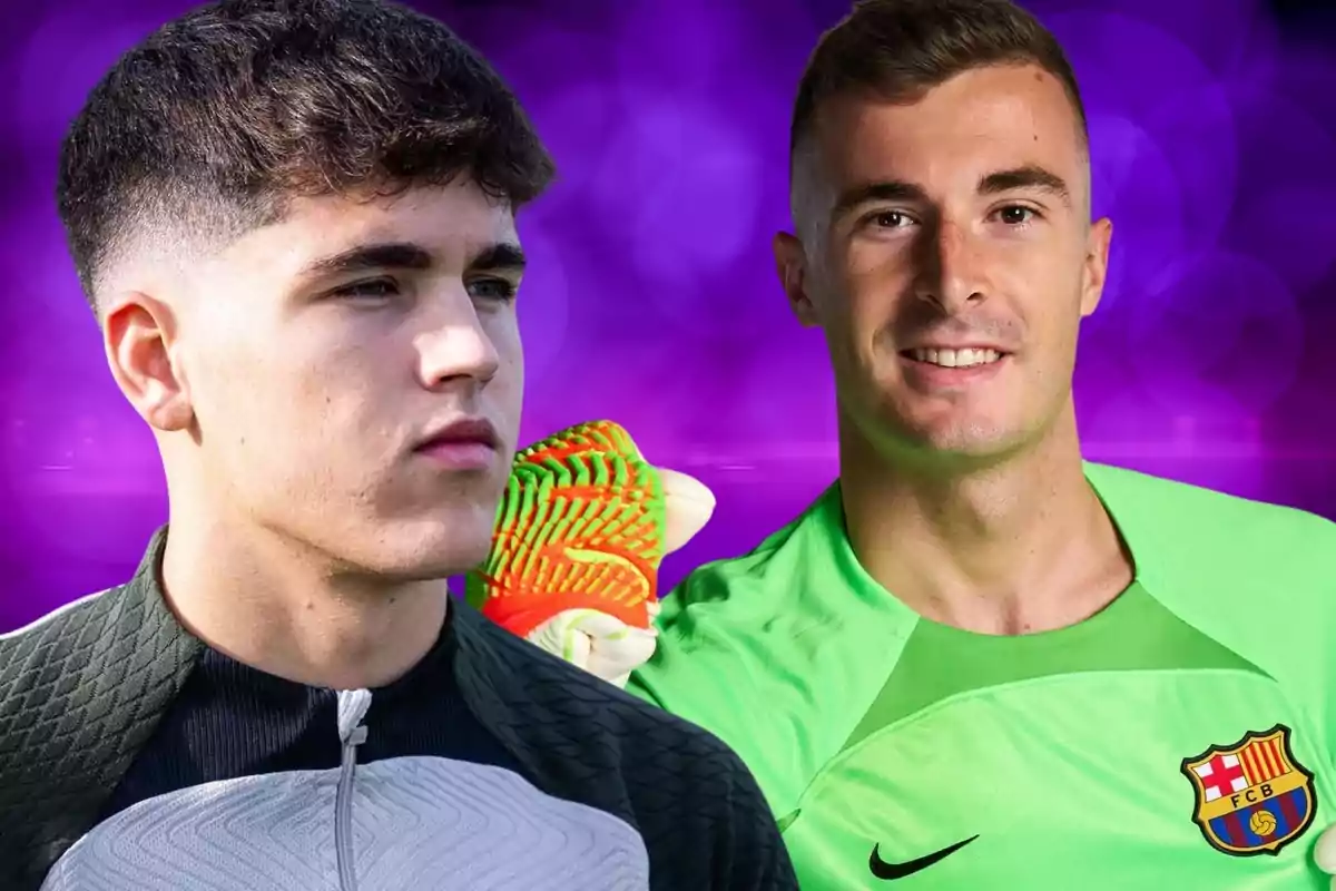 Dos jugadores de fútbol con uniformes deportivos, uno con una camiseta verde del FC Barcelona y el otro con una chaqueta deportiva, posan frente a un fondo púrpura.