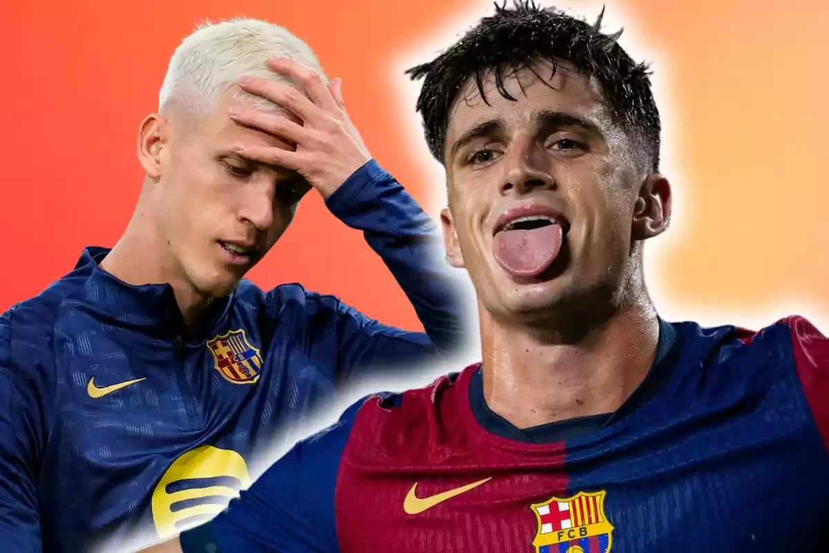 Dos jugadores de fútbol del FC Barcelona, uno con el cabello rubio y la mano en la cabeza, y otro sacando la lengua, ambos con expresiones intensas sobre un fondo naranja.