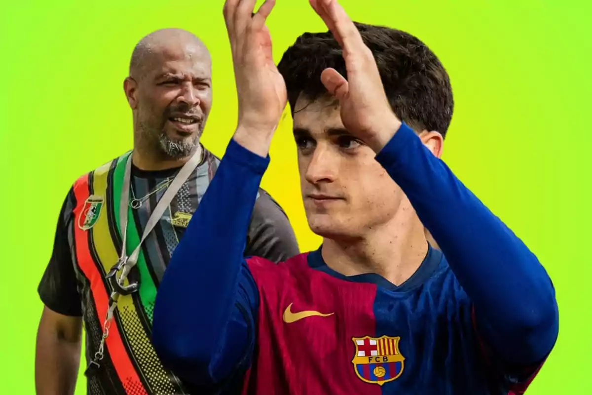 Un entrenador con camiseta colorida y un jugador del Barcelona aplaudiendo sobre un fondo verde brillante