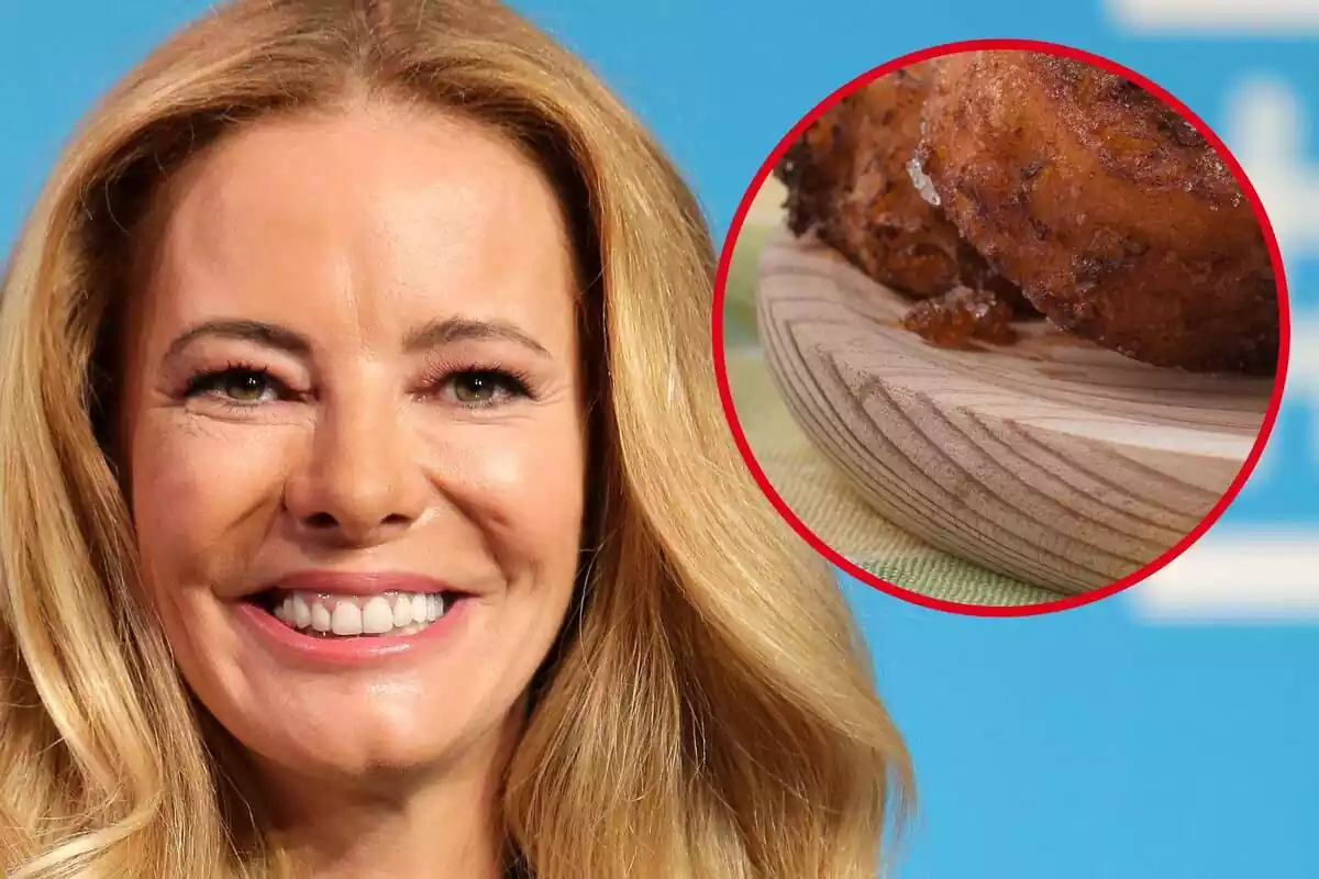 Imagen de fondo en primer plano de la presentadora Paula Vázquez y otra imagen de unas torrijas en un plato de madera