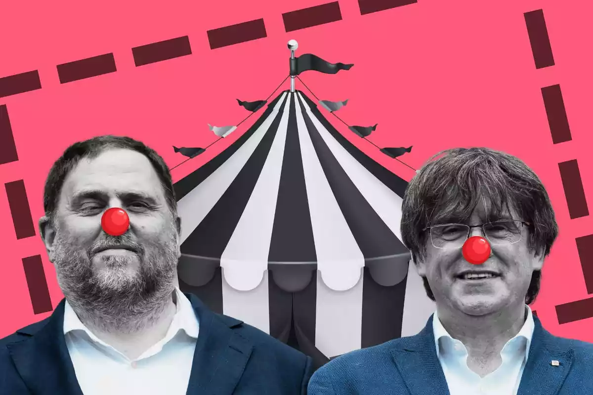 Montaje con Junqueras y Puigdemont con una nariz de payaso y una carpa de circo de fondo