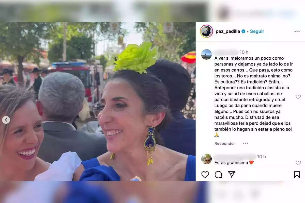 Post de Paz Padilla en Instagram sonriendo con una flor verde en el pelo y unos pendientes largos junto a una amiga y los comentarios de sus seguidores el 15 de abril de 2024 Post de Paz Padilla en Instagram sonriendo con una flor verde en el pelo y unos pendientes largos junto a una amiga y los comentarios de sus seguidores el 15 de abril de 2024