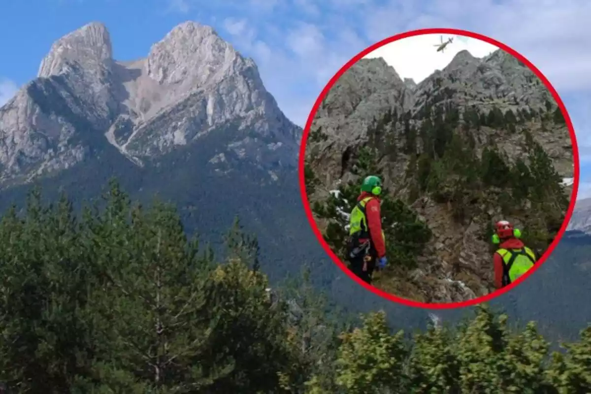 Imagen de fondo de la montaña del Pedraforca y otra de los servicios de emergencias en un rescate en la montaña