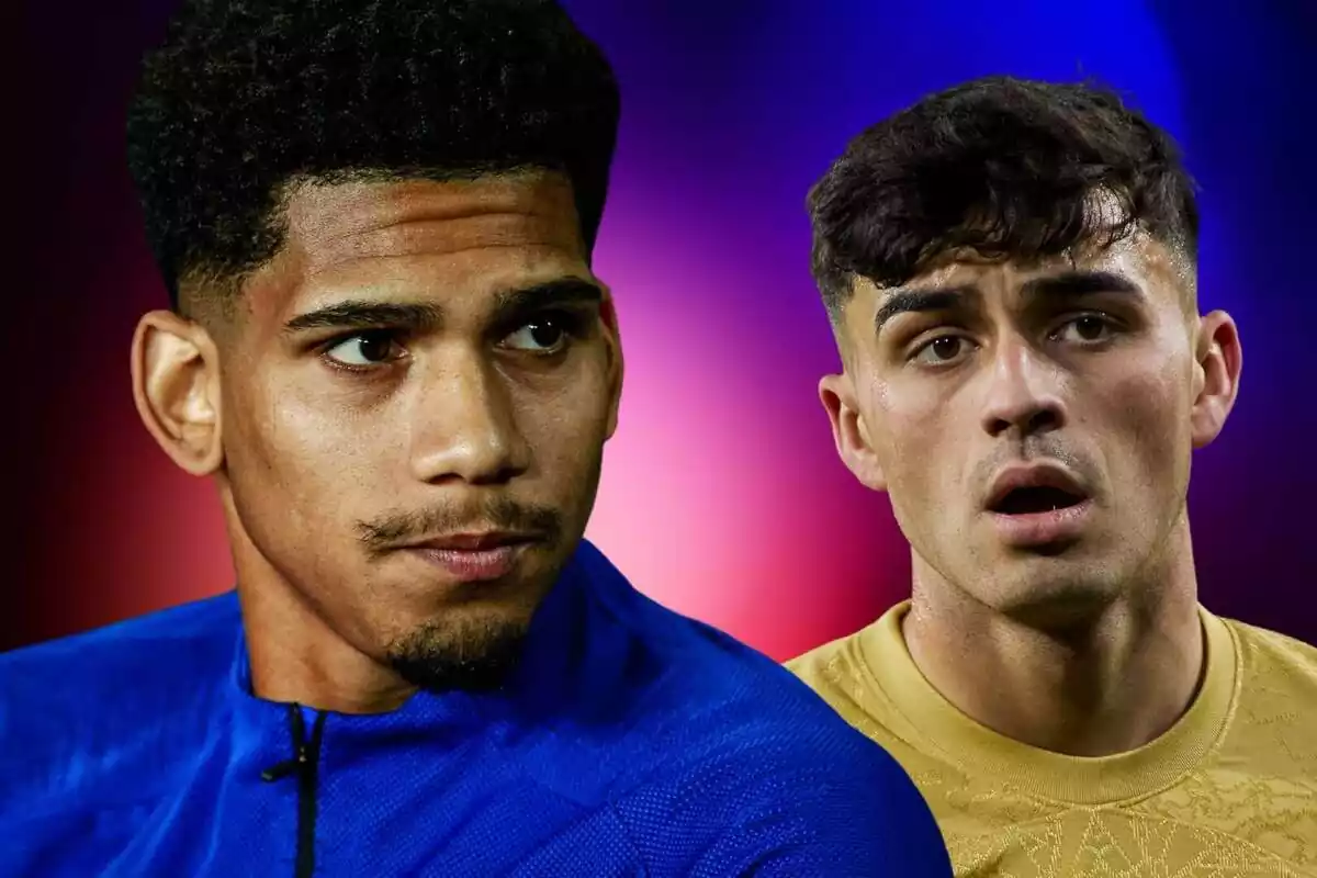 Ronald Araújo en primer plano al lado de Pedri, con rostro serio Ronald Araújo en primer plano al lado de Pedri, con rostro serio