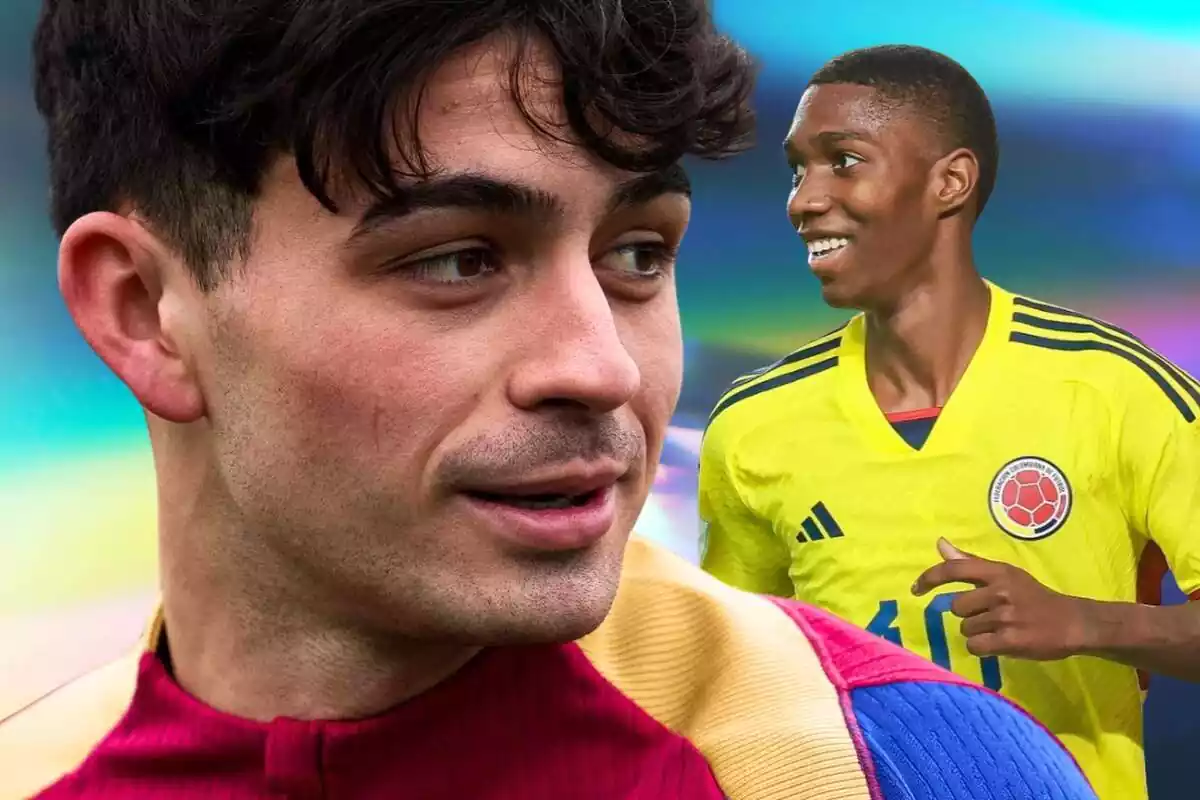 Pedri mirando de reojo a Yaser Asprilla con la camiseta de la Selección de Colombia