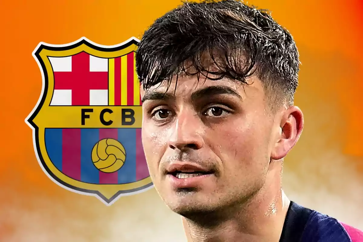 Jugador de fútbol con el escudo del FC Barcelona de fondo y un fondo naranja difuminado