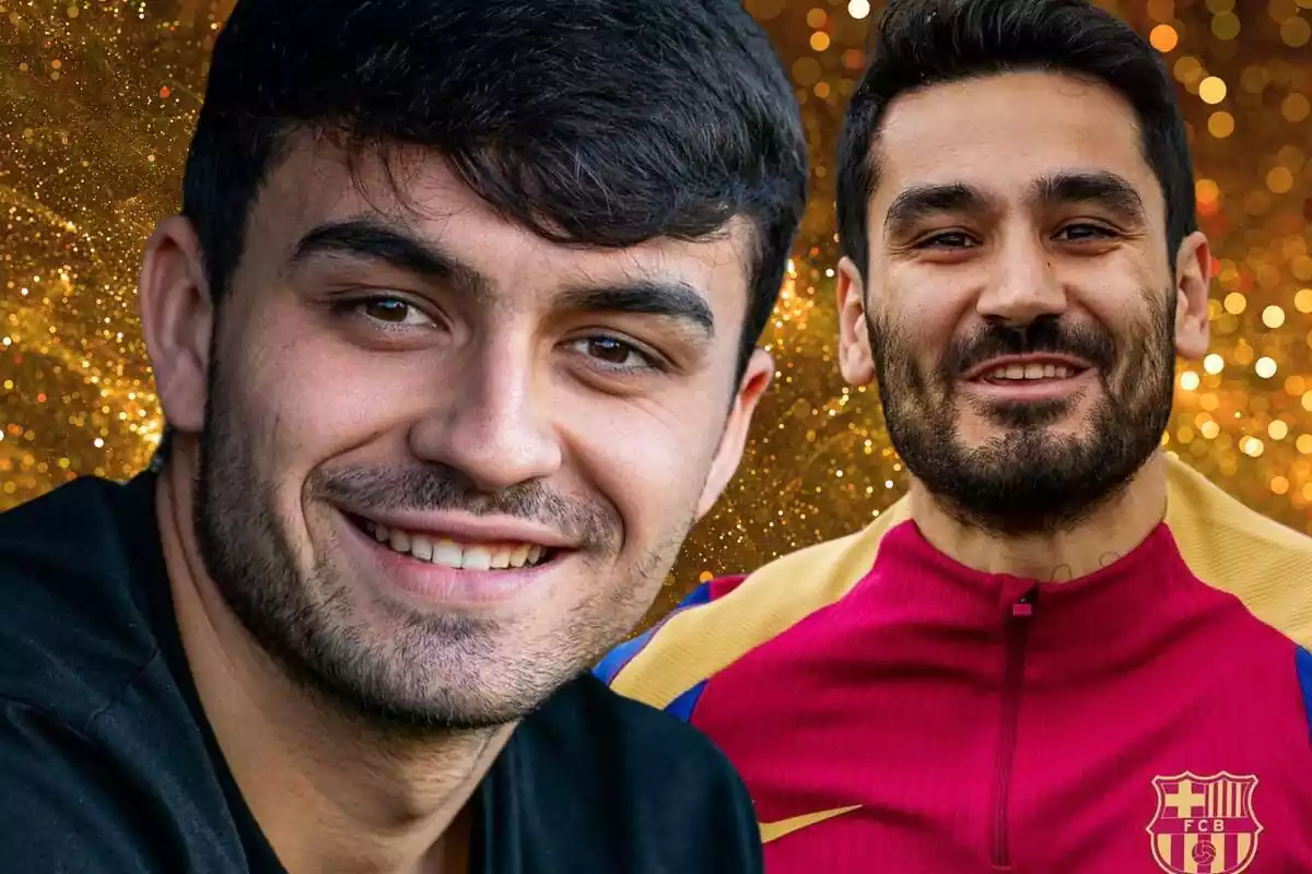 Pedri e Ilkay Gündogan con una gran sonrisa sobre un fondo dorado