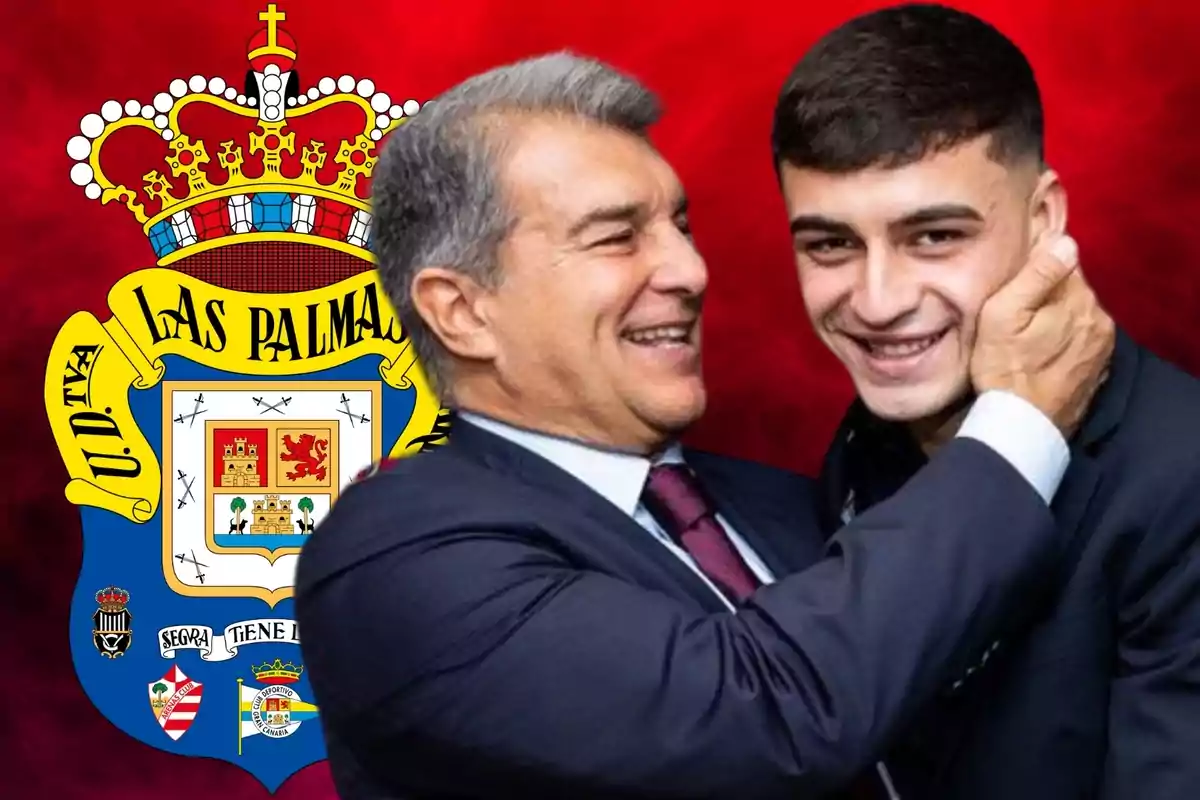 Dos personas sonrientes con el escudo de la UD Las Palmas de fondo.