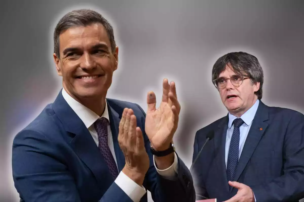 Montaje de Pedro Sánchez aplaudiendo y, por detras, Carles Puigdemont