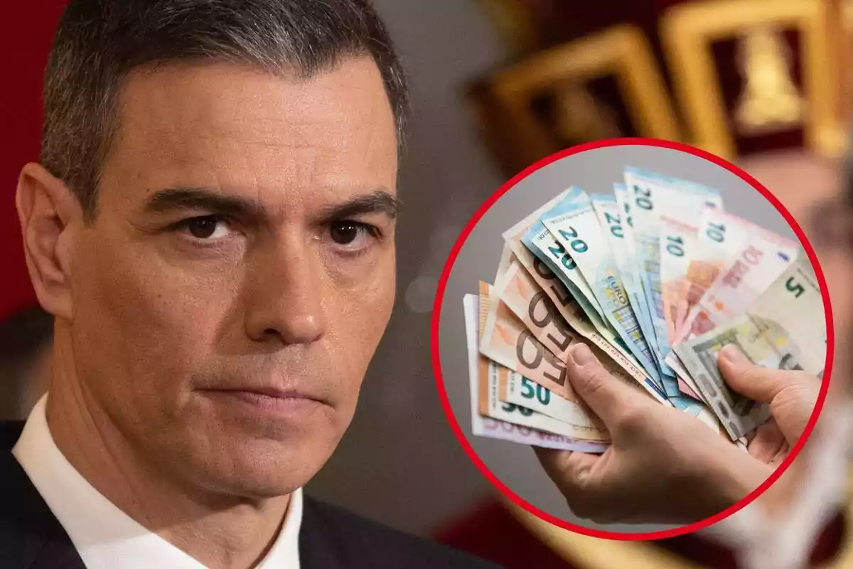 Imagen de fondo de Pedro Sánchez y otra imagen de unas manos con muchos billetes de euro