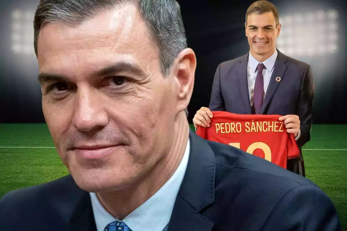 Pedro Sánchez en primer plano con una media sonrisa junto a otra imagen suya sujetando la camiseta de la Selección