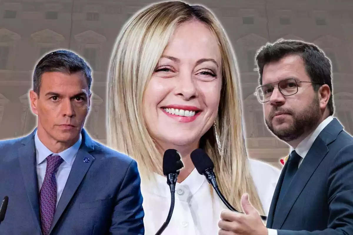 Montaje con un primer plano grande de Giorgia Meloni sonriendo y dos planos medios de Pedro Sánchez y Pere Aragonès con cara seria