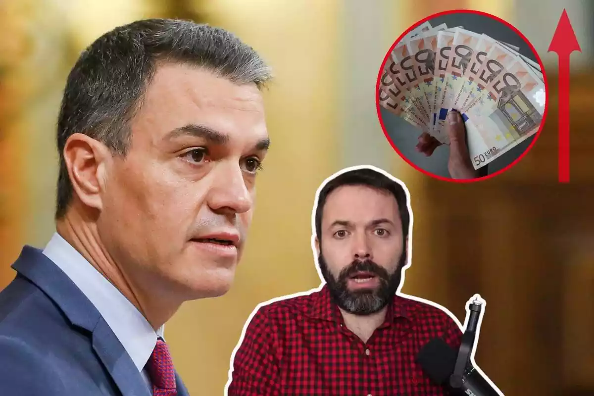 Imagen de Pedro Sánchez de perfil junto a una imagen del economista Juan Ramón Rallo y otra de billetes de 50 euros en una mano